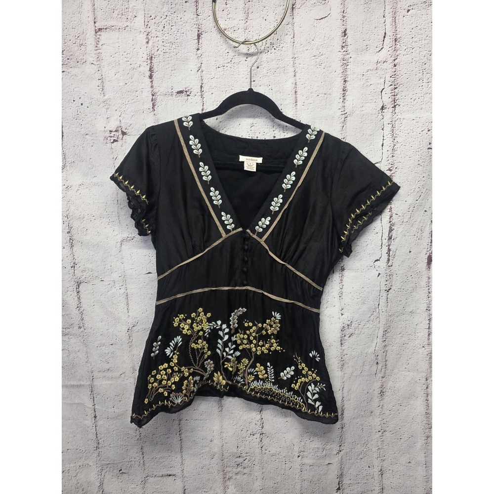 Sundance black silk cotton blouse floral embroidery v neck empire waist side zip